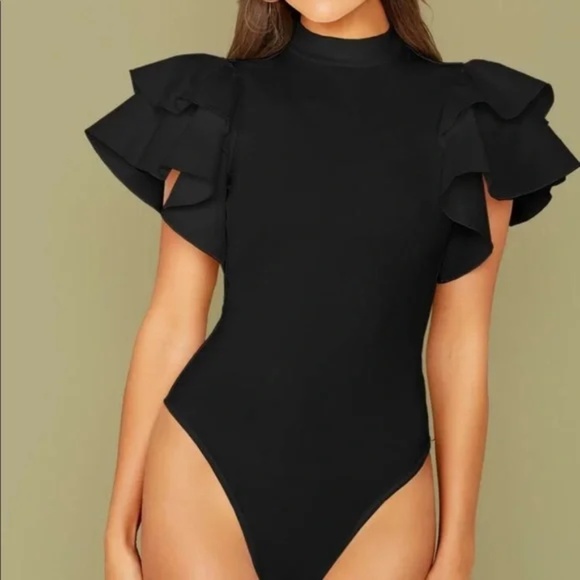 Classic Black Layered Ruffle Sleeve fitted Bodysuit - Picture 5 of 10